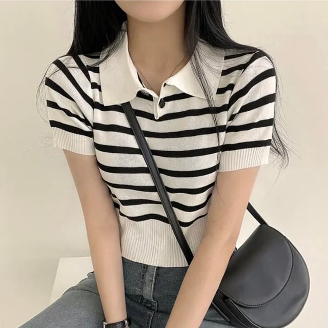 Striped Knit Polo Crop Top with Short Sleeves