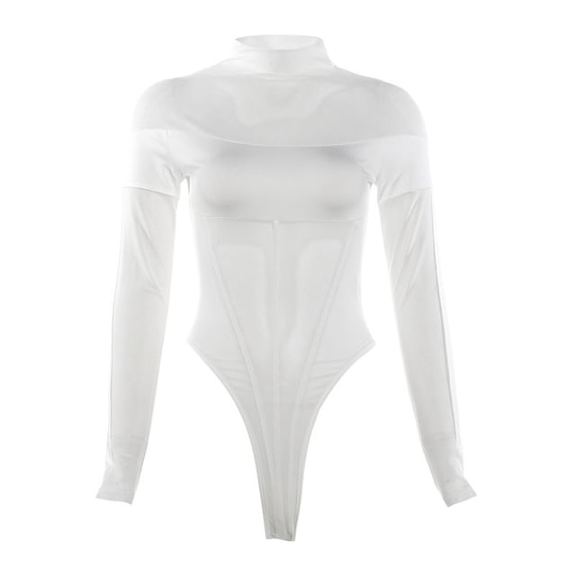 Long Sleeve High Neck Plain Paneled Mesh Bodysuit Top