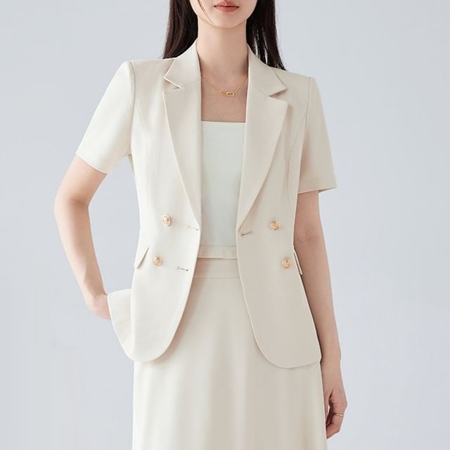 Short Sleeve Notch Lapel Blazer / Midi A-Line Skirt - Altfashion Shop