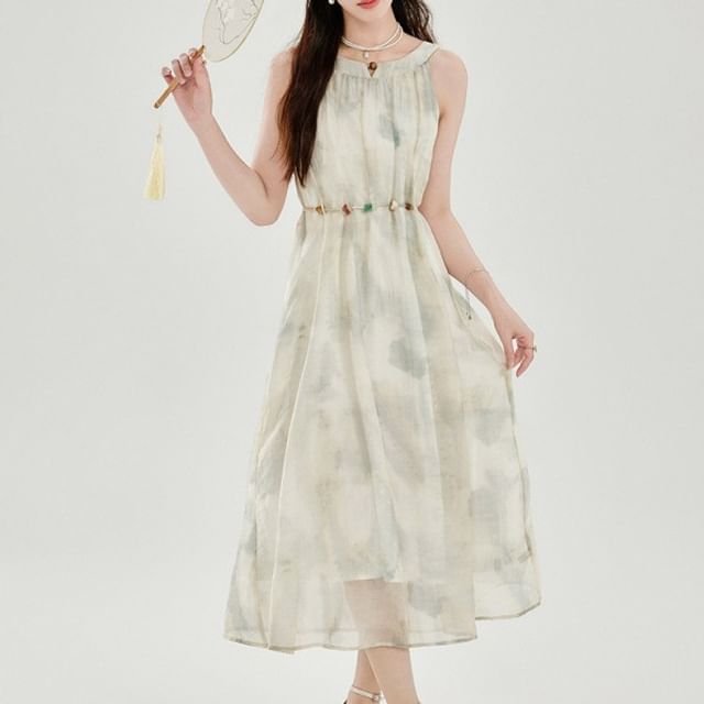 Perforated Crop Cardigan / Sleeveless Tie Dye Midi A-Line Dress / Set