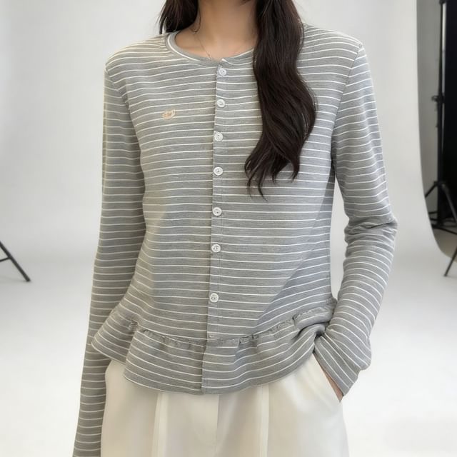 Crewneck Striped Ruffle Cardigan