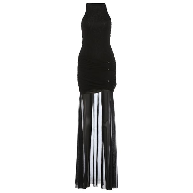 Halter Ruched Asymmetrical Lace Maxi Sheath Dress