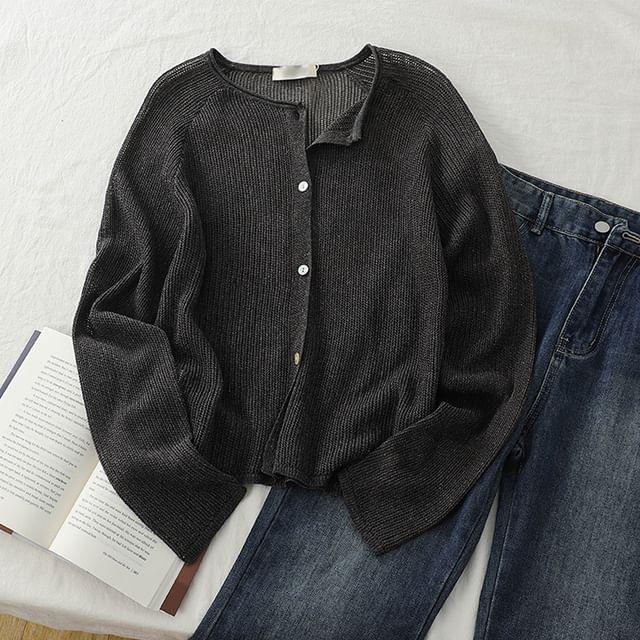 Crew Neck Button-Up Plain Sheer Cardigan