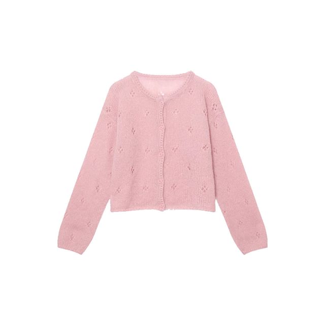Crew Neck Perforated Button-Up Plain Crop Cardigan