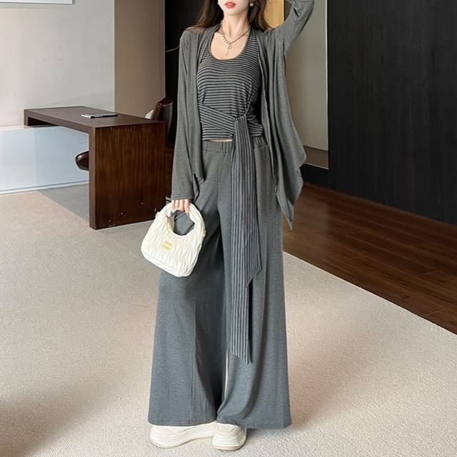 Set: Halter Neck Striped Tie Waist Crop Top + Plain Open Front Cardigan + High Waist Wide Leg Pants