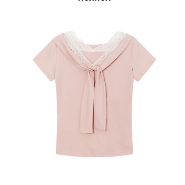 V-Neck Lace-Trim Tie-Front T-Shirt with Short Sleeves