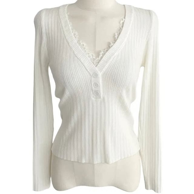 Lace Panel V-Neck Knit Top with Long Sleeves