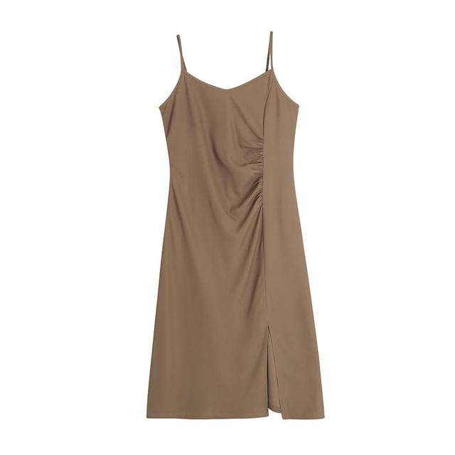Spaghetti Strap V-Neck Plain Ruched Side-Slit Midi Sheath Dress