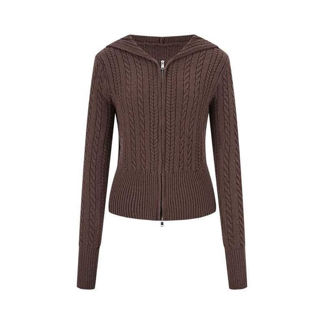 Hooded Plain Zip Cable Knit Cardigan