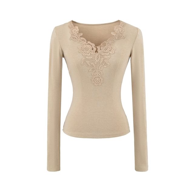 Lace Panel V-Neck Slim Fit T-Shirt with Long Sleeves