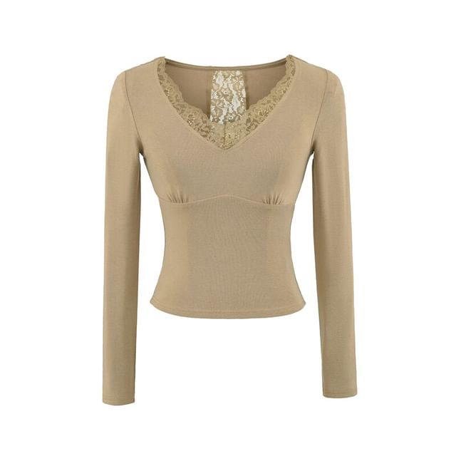 Lace Panel V-Neck Crop T-Shirt with Long Sleeves