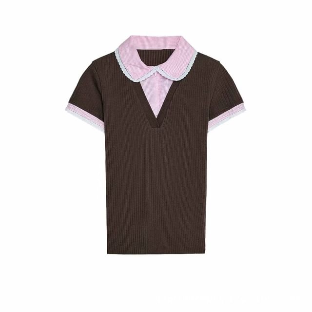 Mock Two-Piece Plaid Lace-Trim Knit Top with Panels