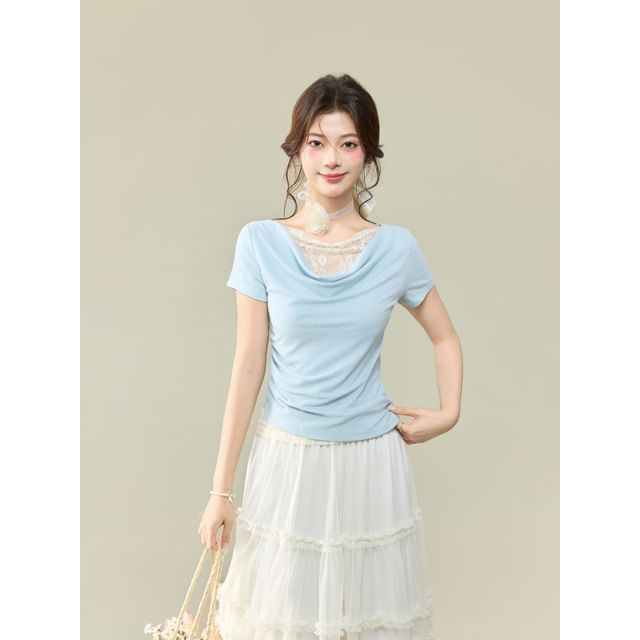 Short-Sleeved Cowl Neck Lace Panel Crop Top