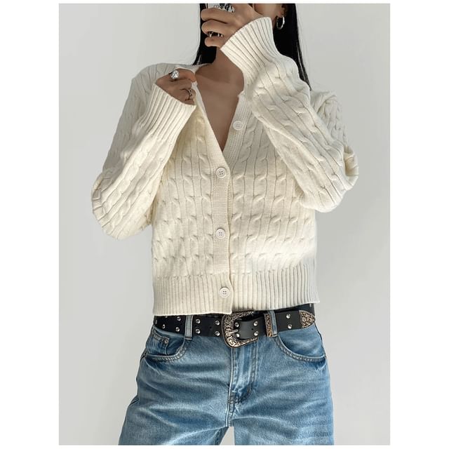 Round Neck Plain Button Up Cable Knit Cardigan