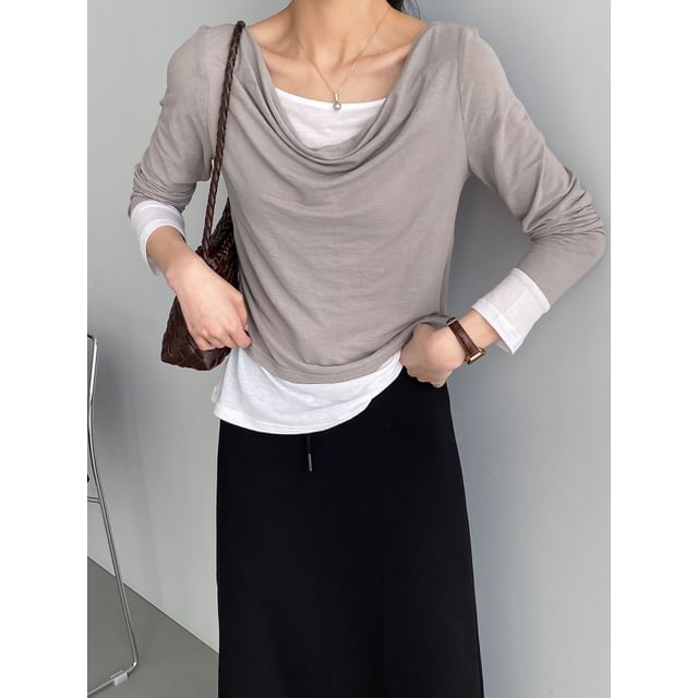 Mock Two-Piece Cowl Neck Long Sleeve Top