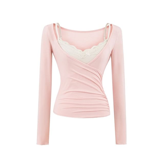 Long Sleeve Deep Plunge Ruched Wrap Top with Lace Camisole