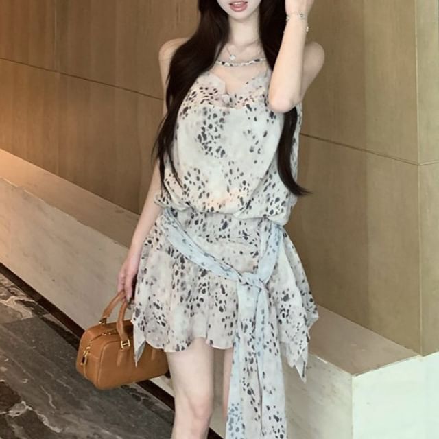 Spaghetti Strap Cowl Neck Tie Waist Mini A-Line Dress