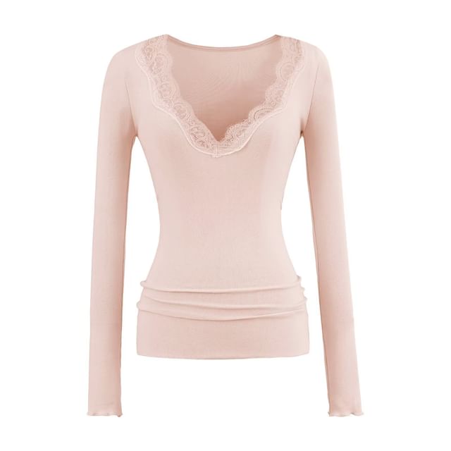 V-Neck Lace-Trim Slim Fit T-Shirt with Long Sleeves