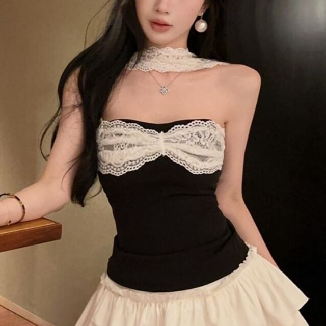 Halter Lace Panel Crop Top with High-Waisted Frill Skort