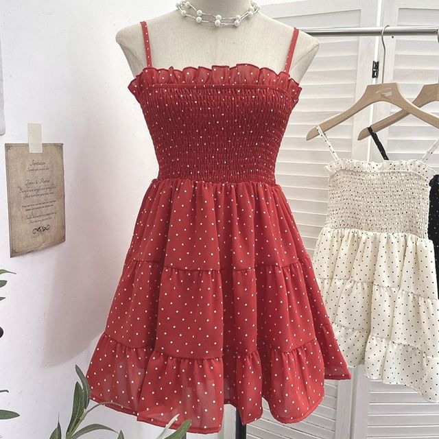 Spaghetti Strap Dotted Tiered Shirred Mini A-Line Dress