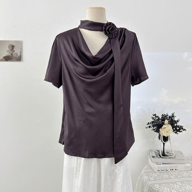 Cowl Neck Short Sleeve Solid Tee