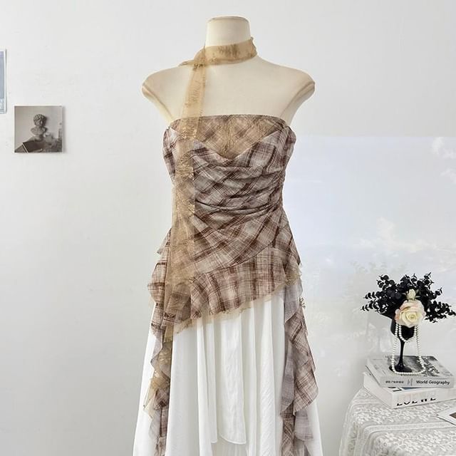 Sheer Plaid Tube Top with Asymmetrical Hem