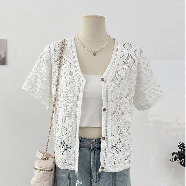 Button-Front Crochet Short Sleeve Top