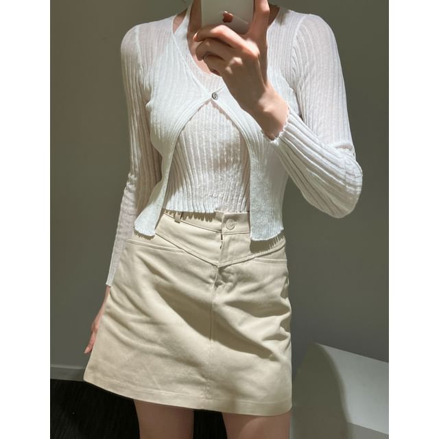 Halter Ribbed Knit Top + V-Neck Cardigan Set