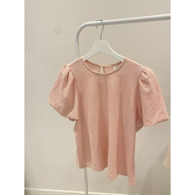 Puff Sleeve Round Neck Waffle Knit Top