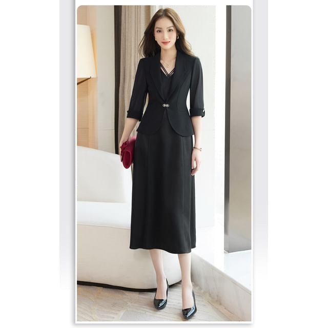Set: Spaghetti Strap V-Neck Plain Midi A-Line Dress + Elbow-Sleeve Crop Blazer