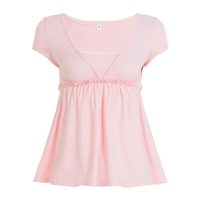 Short Sleeve Mock Two Piece Lace-Trim Ruffled A-Line T-Shirt