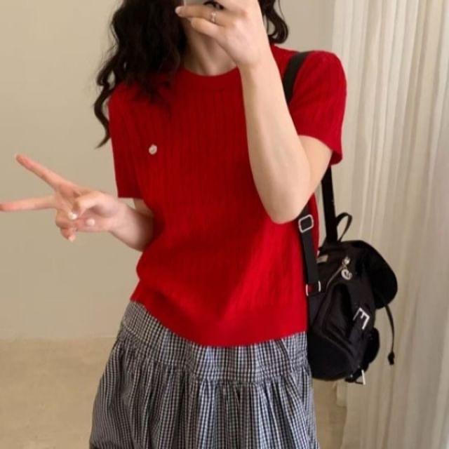 Short-Sleeve Crewneck Plain Knit Top