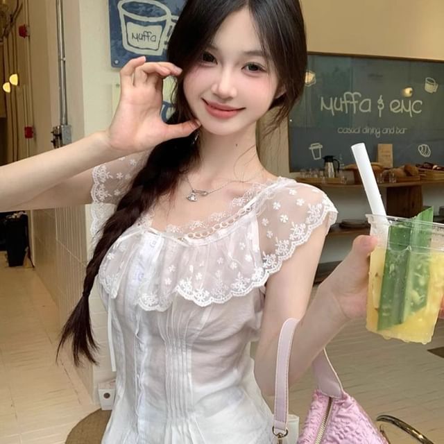 Cap-Sleeve Crewneck Lace Blouse