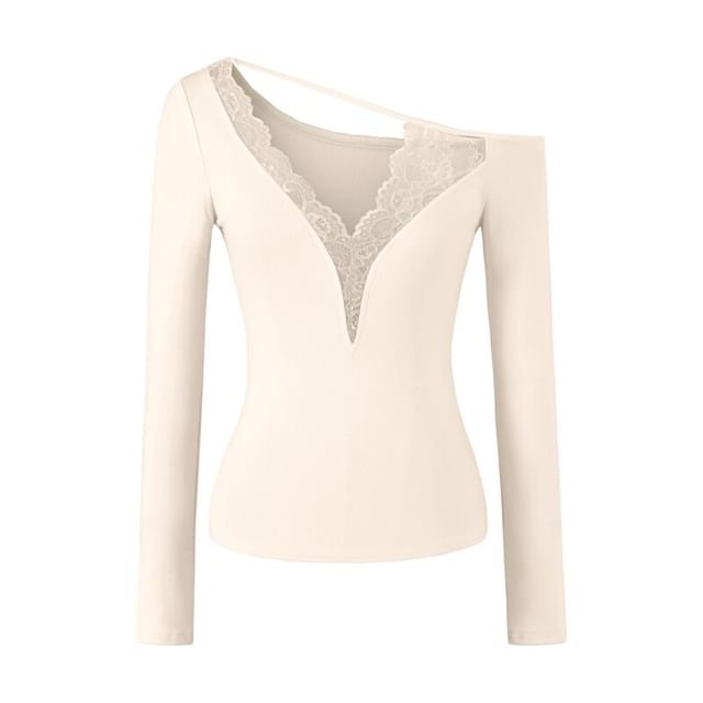 One-Shoulder Long-Sleeve V-Neck Lace Trim T-Shirt