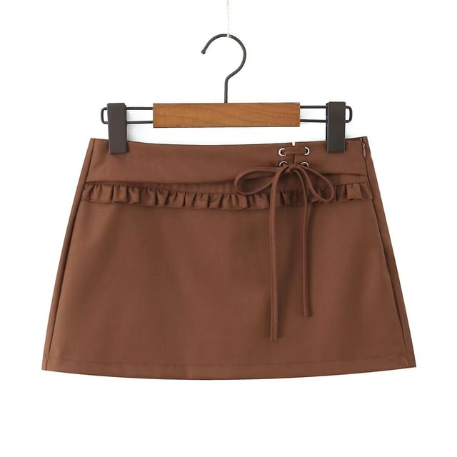 Plain Tie Front Camisole Top / Mid Rise Frill Lace Up Mini A-Line Skirt