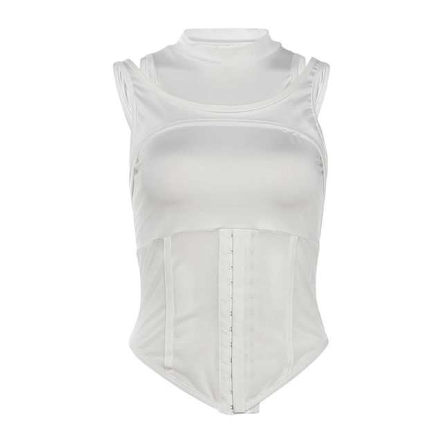 Mesh-Insert Corset-Style Tank with Layered Look