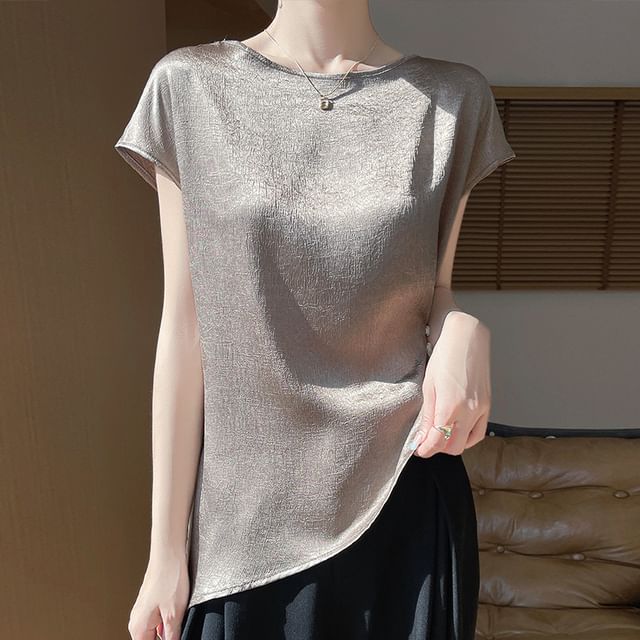 Satin Asymmetric Crew Neck Short Sleeve Top