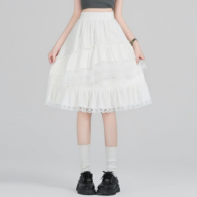 High Waist Plain Ruffle Tiered Panel Lace Midi A-Line Skirt