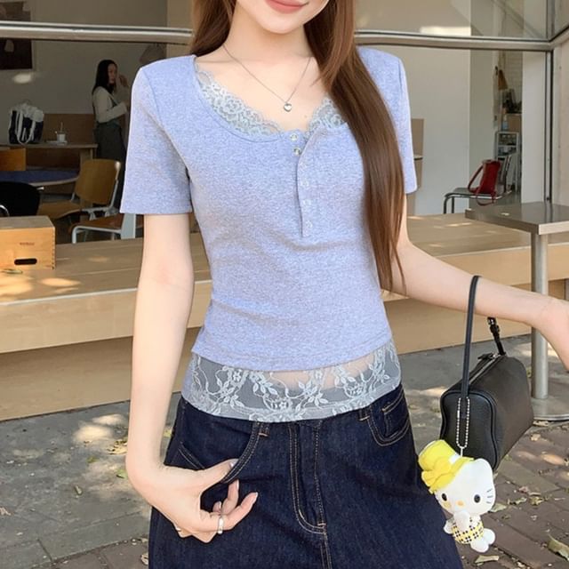 Short-Sleeve Henley Plain Lace Trim Mock Two-Piece T-Shirt