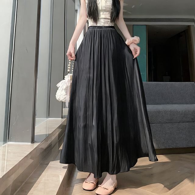 High Waist Plain Mesh Maxi A-Line Skirt