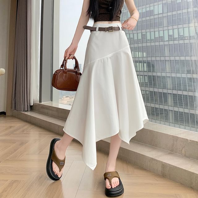 Set: Elastic Waist Plain Asymmetrical Midi A-Line Skirt + Belt