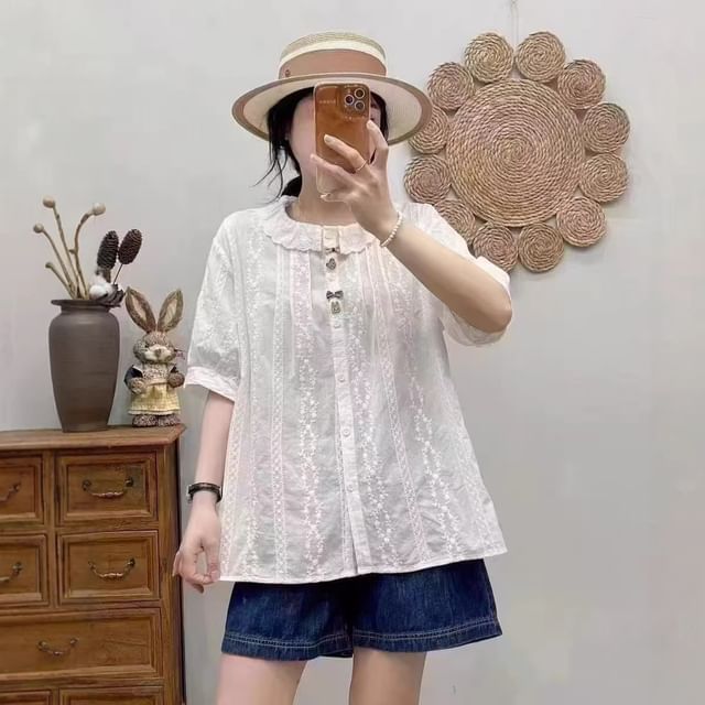 Short-Sleeve Button-Up Lace Shirt