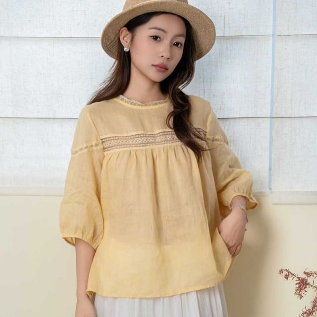Puff-Sleeve Crewneck Lace Trim Tunic