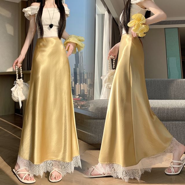 High Waist Lace Panel Satin Maxi A-Line Skirt