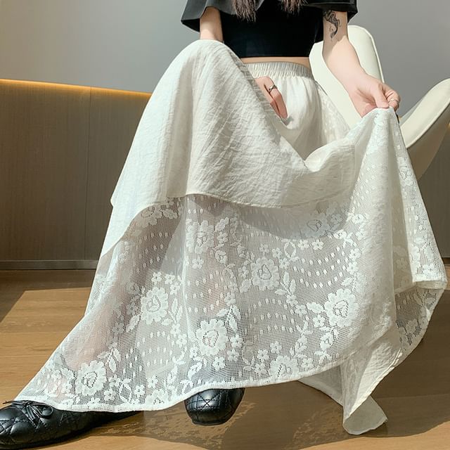 Mock Two-Piece High Waist Asymmetrical Lace Panel Maxi A-Line Skirt