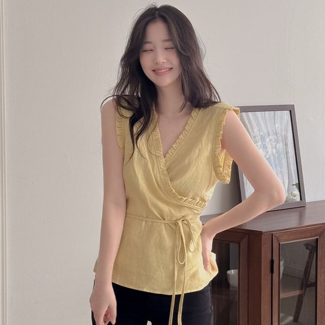 Tie-Waist Ruffled V-Neck Sleeveless Blouse -