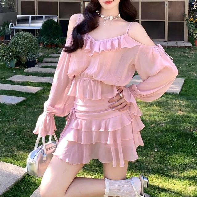 Sheer V-Neck Ruffle Blouse with High-Waist Tiered Skirt Set