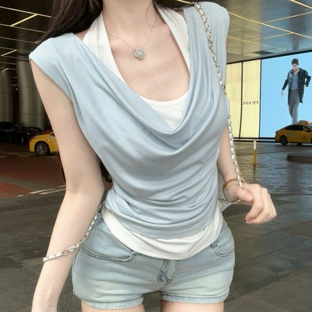 Two-Tone Cold-Shoulder Halter Short-Sleeve Top
