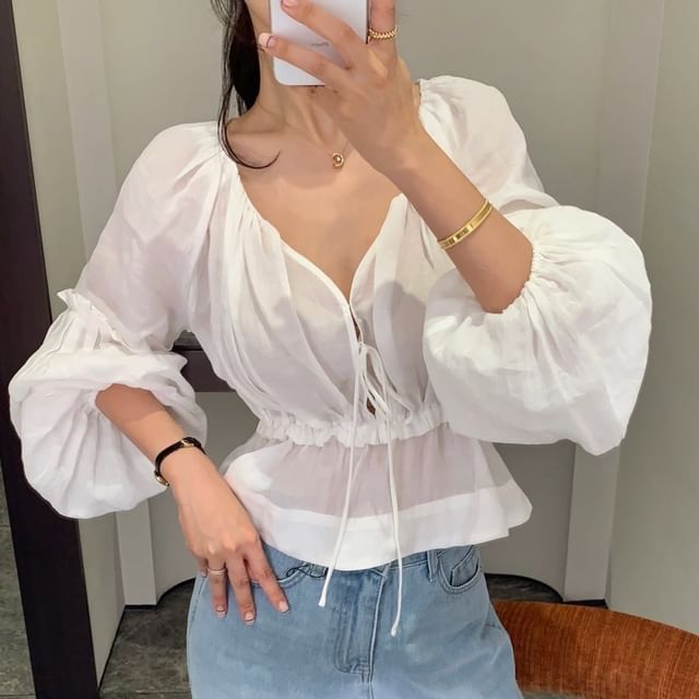 Elegant V-Neck Frilled Crop Top with Long Sleeves