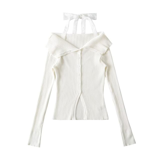 Long Sleeve Cold Shoulder Lace Trim Knit Top
